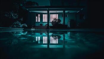 lujo moderno adentro con nadando piscina reflexión, azul oscuridad diseño generado por ai foto