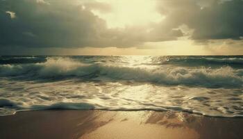 Tranquil seascape at dawn, with yellow sunlight and dramatic sky generated by AI photo