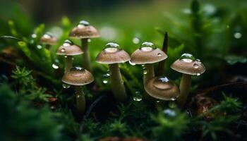 Spotted toadstool growth on wet forest floor, potentially poisonous food generated by AI photo