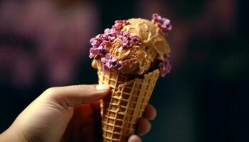 Hand holding gourmet ice cream cone, indulgence in sweet refreshment generated by AI photo