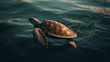 lento nadando mar tortuga, un belleza en naturaleza submarino mundo generado por ai foto