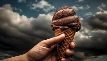 mano participación hielo crema cono con chocolate pelota en azul antecedentes generado por ai foto