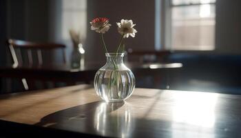 moderno florero en de madera mesa con Fresco flor ramo de flores adentro generado por ai foto