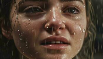 Smiling young woman enjoys raindrop bubble, showcasing natural beauty generated by AI photo