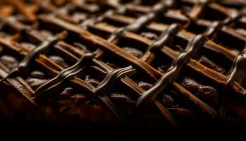 Rustic chocolate stack, gourmet dessert, fresh ingredients, metal patterned basket generated by AI photo