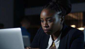 Young African businesswoman and businessman working late in office with technology generated by AI photo