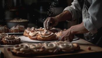 One person preparing homemade sweet food in domestic kitchen generated by AI photo