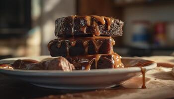 Homemade dark chocolate brownie with hazelnut and creamy fudge generated by AI photo