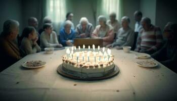 Cheerful men and women enjoy birthday celebration with burning candles generated by AI photo