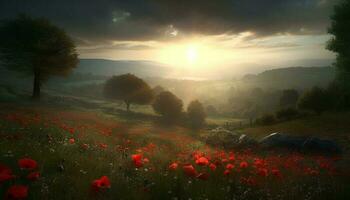 Vibrant wildflowers bloom in tranquil meadow at sunrise, stunning landscape generated by AI photo