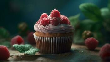 Freshly baked berry cupcakes with creamy icing on rustic wood table generated by AI photo