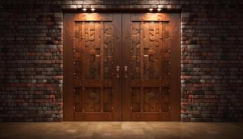 Dark wood door in ancient brick wall, illuminated by metal generated by AI photo