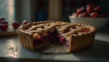 Freshly baked berry tart with raspberry, strawberry, blueberry, and currant generated by AI photo