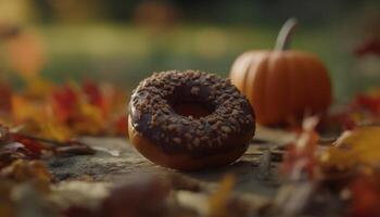 Autumn indulgence pumpkin dessert with multi colored candy decoration on rustic table generated by AI photo