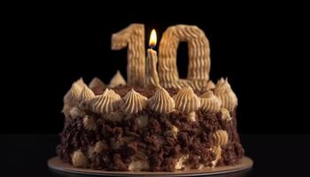 Decadent chocolate birthday cake with burning candles and whipped cream generated by AI photo