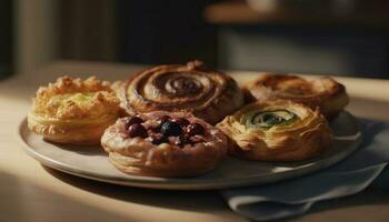 Homemade baked sweet pie with blueberry cream on wooden plate generated by AI photo