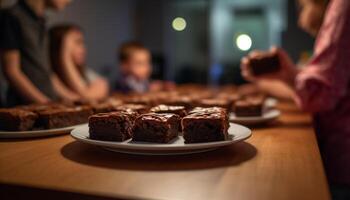 Indulgent homemade desserts on table, enjoyed by smiling group indoors generated by AI photo