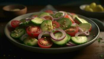 Fresh vegetarian salad with organic ingredients and chopped herbs on plate generated by AI photo