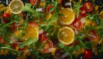 Fresco gastrónomo ensalada con sano verduras, frutas, y Mariscos filete generado por ai foto