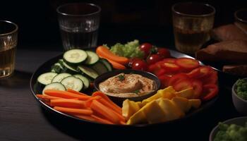 Fresh vegetable salad with grilled meat and avocado on rustic table generated by AI photo