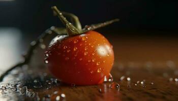 Ripe tomato drop splashing on wet leaf, refreshing summer meal generated by AI photo