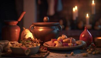 Rustic still life Homemade dessert, pumpkin spice, candlelight warmth generated by AI photo