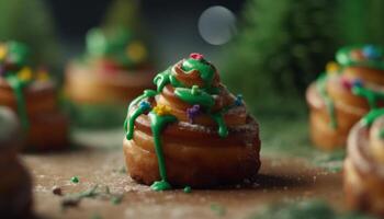 Indulgent homemade gourmet cookies with festive Christmas decorations and colorful icing generated by AI photo