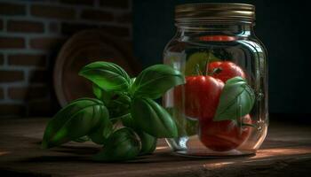 Fresh organic vegetarian meal on rustic wooden table with green plant generated by AI photo