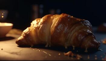 Freshly baked French croissant on rustic wooden table, ready to eat indulgence generated by AI photo