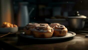 Homemade baked goods on rustic wood table, indulgent and delicious generated by AI photo