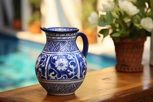 inspired pitcher vase made of hand painted ceramic, adorned with vibrant blue and white patterns. AI generative photo