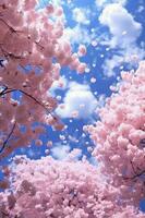 Cherry blossom elegant blue sky background. AI generative photo