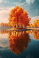 Stunning detail reflection of the golden and orange katsura trees around the natural round lake. AI generative photo