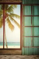 Minimalism, travel photography, closeup a single wooden frame glass window. AI generative photo