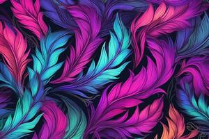 A hot pink, purple and teal repeating pattern of feathers, watercolor elements, black background. photo