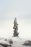 A minimalist Inukshuk made of piled stones pointing the way across the Alaskan tundra. AI generative photo