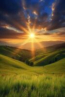 The sun rises over a hillside with grassy fields and an area with a hill. photo