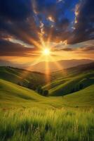 The sun rises over a hillside with grassy fields and an area with a hill. AI generative photo