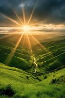 The sun rises over a hillside with grassy fields and an area with a hill. AI generative photo