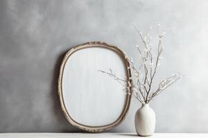 Front view product photo of white oval frame with wild Cotton branches in glass vase behind the frame.