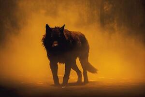 Dark silhouette of an ethereal shadow in the mist chiaroscuro dark golden palette. photo