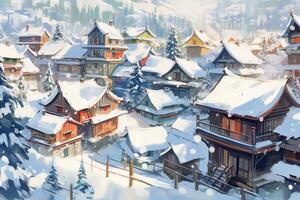 Snowing village, winter. photo