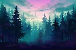 Abstract gradient art style, a mysterious forest at twilight with a mystical mood. AI generative photo