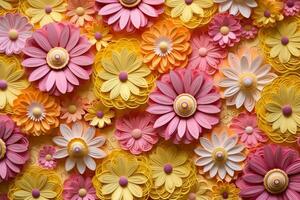 3D yellow and pink flowers layered forms, paper quilting pattern, vibrant colors. photo