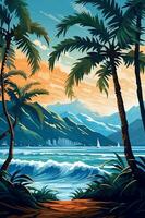 Handpainted illustration of palm trees and sea in the backdrop. AI generative photo
