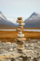 un minimalista inukshuk hecho de apilado piedras señalando el camino a través de el Alaska tundra. ai generativo foto