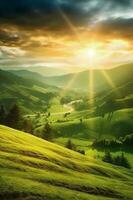 The sun rises over a hillside with grassy fields and an area with a hill. AI generative photo