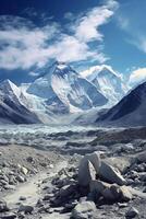 The base of mount everest from a rocky ground, in the style of light sky. photo