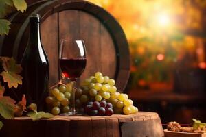 A barrel of wine sits on a table with a bunch of grapes in the background, copyspace, photo