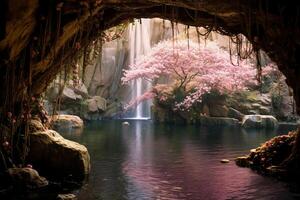 Waterfalls are falling in, sunbeams are touching the water and crystals and reflect the light, moss plants and gorgeous flora. photo